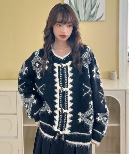 カーディガン 「Good Riddance」幾何学模様 トグルボタン ニット
