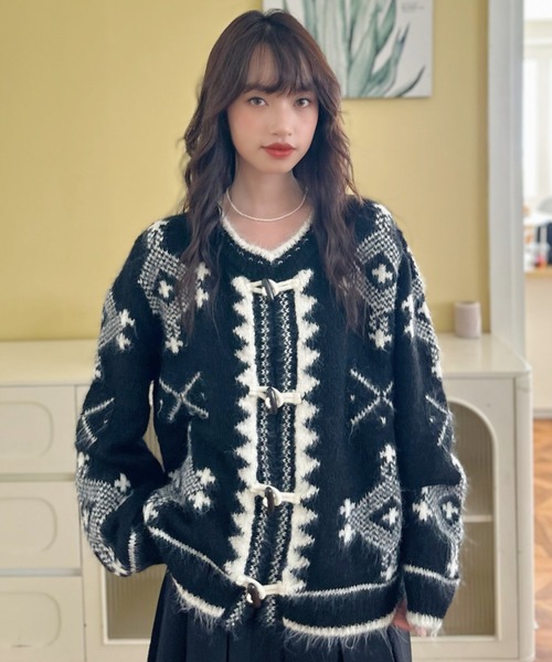 カーディガン 「Good Riddance」幾何学模様 トグルボタン ニット
