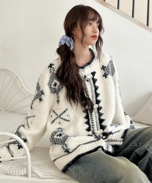 カーディガン 「Good Riddance」幾何学模様 トグルボタン ニット