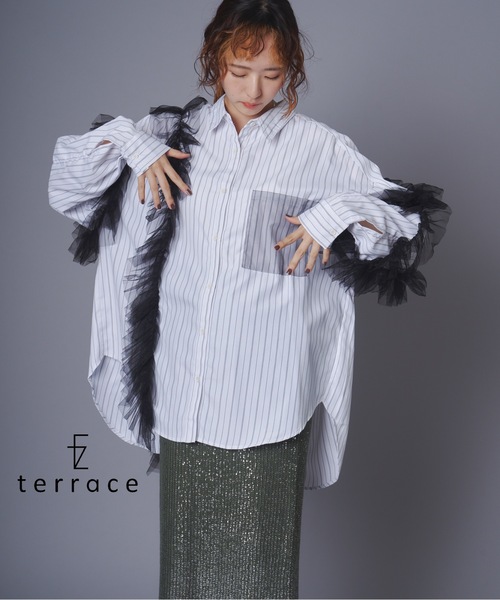 terrace ブラウス シャツ チュールレイヤードドッキングストライプ