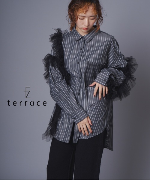 terrace ブラウス シャツ チュールレイヤードドッキングストライプ
