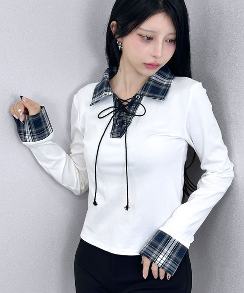 FOLLOWIN（フォロウィン） tシャツ チェックレイヤード風レースアップ