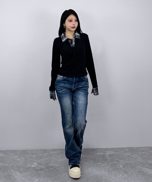 FOLLOWIN（フォロウィン） tシャツ チェックレイヤード風レースアップ