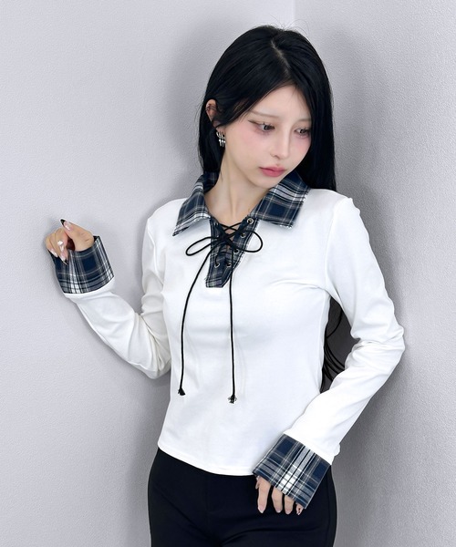 FOLLOWIN（フォロウィン） tシャツ チェックレイヤード風レースアップ