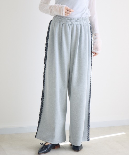 スウェットパンツ ジャージ TRANOI.レースラインワイドパンツ レディース_3