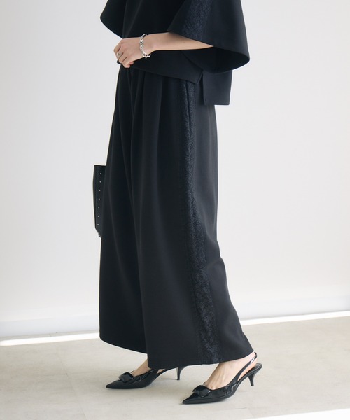スウェットパンツ ジャージ TRANOI.レースラインワイドパンツ レディース