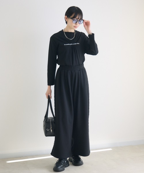 スウェットパンツ ジャージ TRANOI.レースラインワイドパンツ レディース_14
