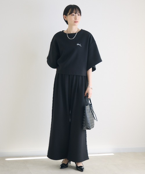 スウェットパンツ ジャージ TRANOI.レースラインワイドパンツ レディース_15
