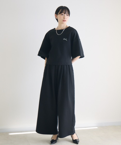 スウェットパンツ ジャージ TRANOI.レースラインワイドパンツ レディース_16