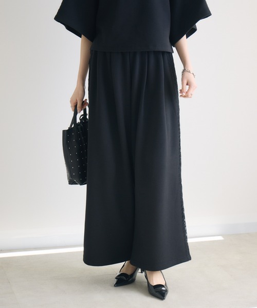 スウェットパンツ ジャージ TRANOI.レースラインワイドパンツ レディース_17