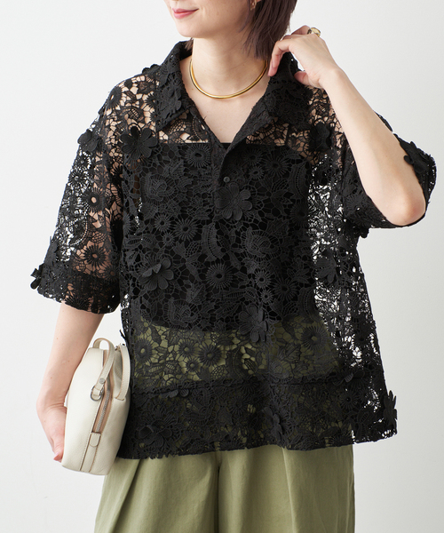 ブラウス シャツ 「一部店舗+WEB限定」LAYAS/レイヤーズ レース半袖シャツ レディースの画像