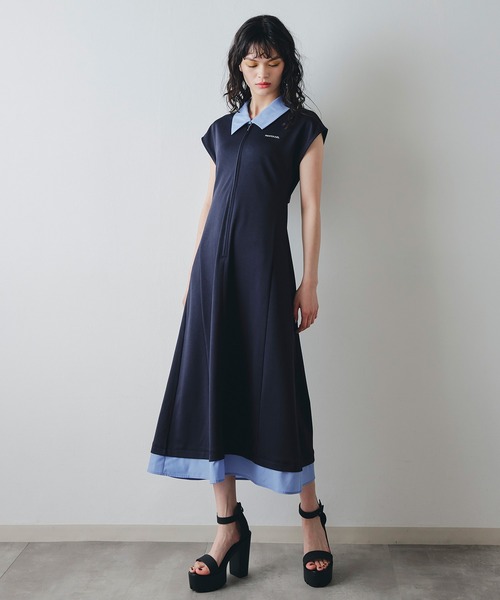 Rene フーディロングワンピース パールジップ フレア ネイビー 34 日本製 REDYAZEL（レディアゼル） ワンピース レイヤードフロントZIPバック
