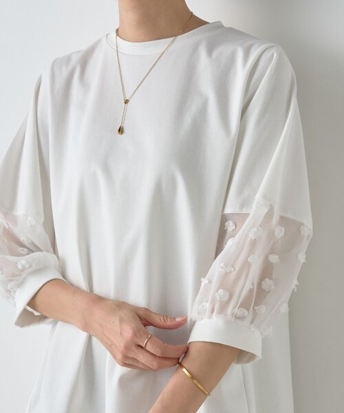 未使用近 ビアズリー 袖ギャザーシアーTee ホワイト 未使用近 