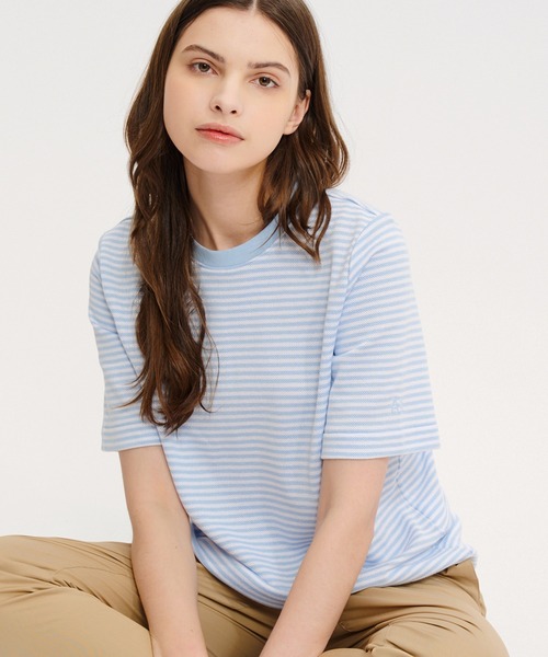 tシャツ UVカット ヤーンダイ リンガーネック ボーダー 半袖カットソー レディース
