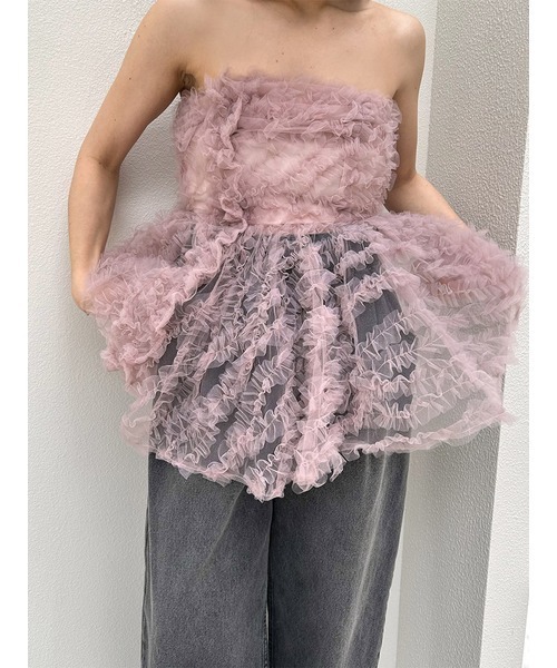 snidel チュール刺繍ベアペプラムtops （pink） snidel チュール刺繍ベアペプラムTOPS【美品】 レディース