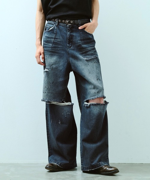 Camphor wood ジーンズ wide baggy broken denim trousers