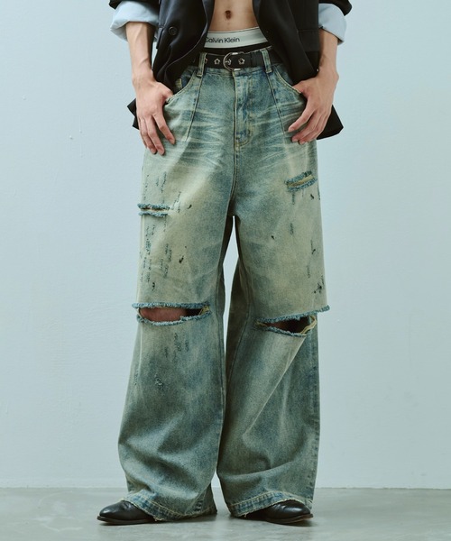 camphor wood ワイドバギーオーバーダイ汚れ加工デニム Camphor wood ジーンズ wide baggy overdye denim trousers