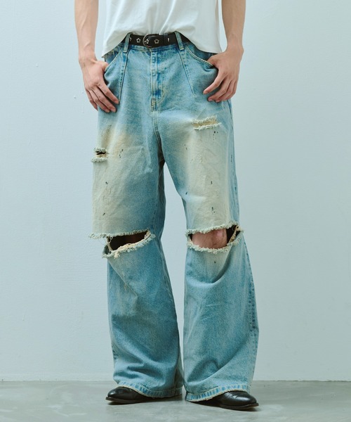 BAGGY FIT JEANS バギーデニム　ダメージ/ウォッシュド加工　極太 Camphor wood ジーンズ wide baggy broken denim trousers