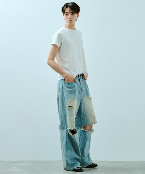 Camphor wood ワイドバギー汚れ加工ダメージデニム wide baggy broken denim trousers / ワイドバギー汚れ加工