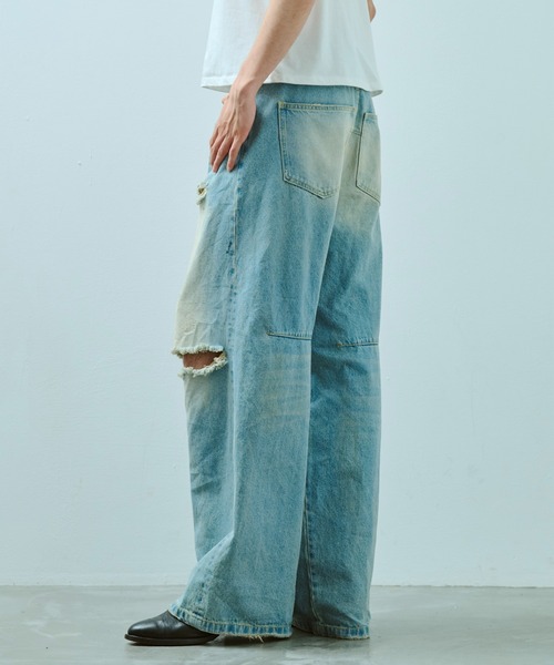 BAGGY FIT JEANS バギーデニム　ダメージ/ウォッシュド加工　極太 Camphor wood ジーンズ wide baggy broken denim trousers