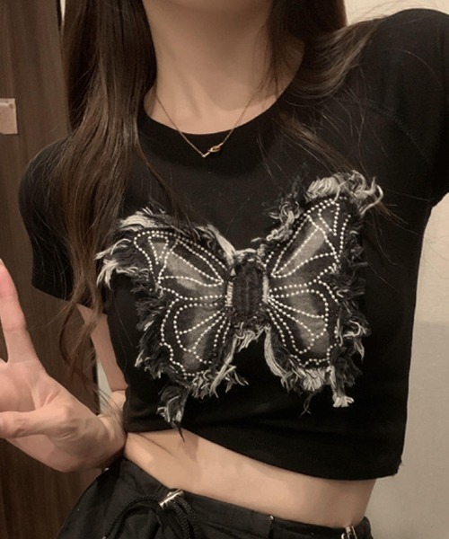 Mayree tシャツ 「Mayree」バタフライ 蝶々 デニムパッチ