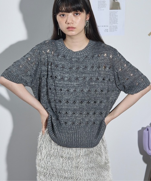 ニット セーター 前後2wayシアーラメスリーブリブニットプルオーバー レディース BAB ニット セーター シアー使いリブニットトップス レディース
