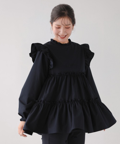 fitmore フリルフードティアードジャケット ブラック フリルフードティアードジャケット【宅配便】 | Fit more
