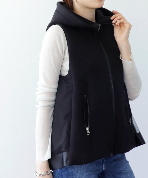 ベスト ジレ ダンボール異素材切替え バックチュールベスト レディース Jines ベスト ジレ ダンボール異素材切替え バックチュール
