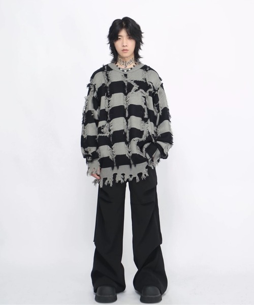 ニット セーター 「ARULE/アルール」紐たれロゴビッグダメージニット「Y」「CN」 レディース メンズ ARULE ニット セーター 「ARULE/アルール」紐たれロゴビッグ