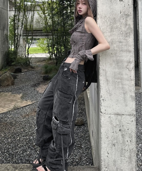 ksg ケーエスジー ジッパー付きデニムパンツ KsG ジーンズ デニム デニムパンツ ダメージルーズワイドカーゴ