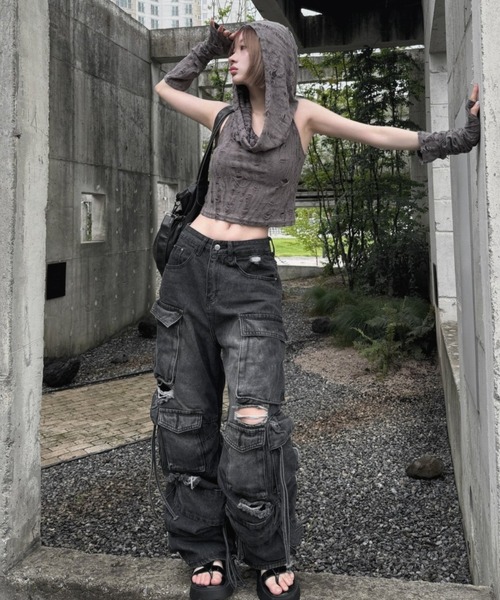 ブラック ダメージ デニム 韓国 ワイド ジーンズ ルーズ cr4342 fit=scale-down,w=1200