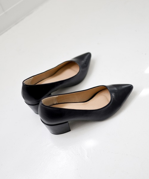 ヨシト 本革 ポインテッド パンプス 25 チャンキーヒール Vカット 甲深 黒 SESTO（セスト） パンプス かかとがパカパカしにくい！ポインテッド