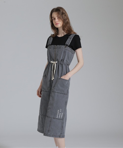 26年新作♡ボンデッドジャンパースカート BONDED JUMPER SKIRT AVIREX（アヴィレックス） デニムスカート BELT PRINT DENIM JUMPUR