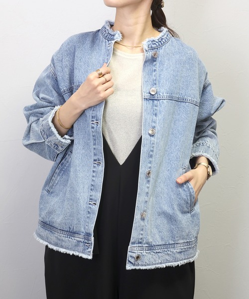 完売商品⭐︎ノーカラーデニムジャケット 軽やかに着れる！ ノーカラーデニムジャケット ジャケット kermu 通販