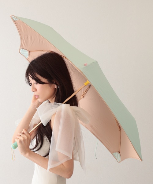 レース装飾付き日傘 ベージュ×グリーン Lace Ladies（レースレディース） 日傘 折りたたみ傘 折り畳み 晴雨