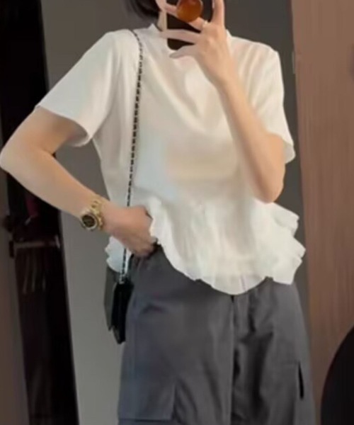 tシャツ 裾プリーツドッキングTシャツ レディース