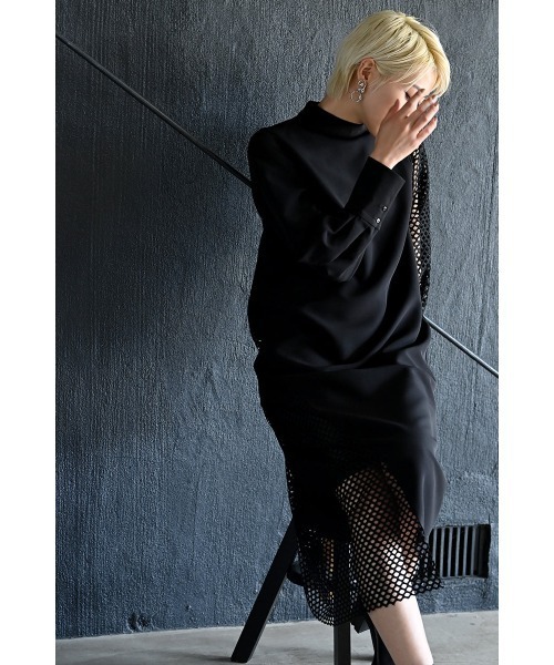 fund amine アシンメトリーメッシュオフネックワンピース　ロング丈 funda mine ワンピース アシンメトリーメッシュオフネックロング