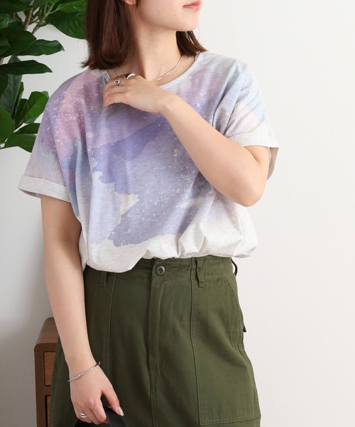 myke tシャツ 半袖 水彩宇宙プリントタックTシャツ レディース
