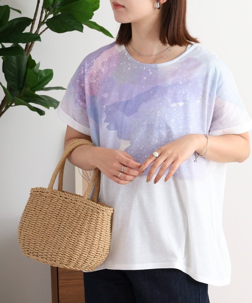meISSEYMIYAKE半袖Tシャツ myke tシャツ 半袖 水彩宇宙プリントタックTシャツ レディース