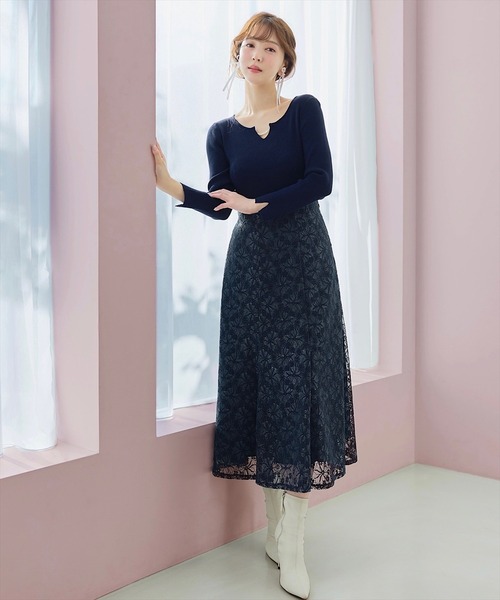 Swingle スカート 「日本製」シャイニーフラワーレーススカート