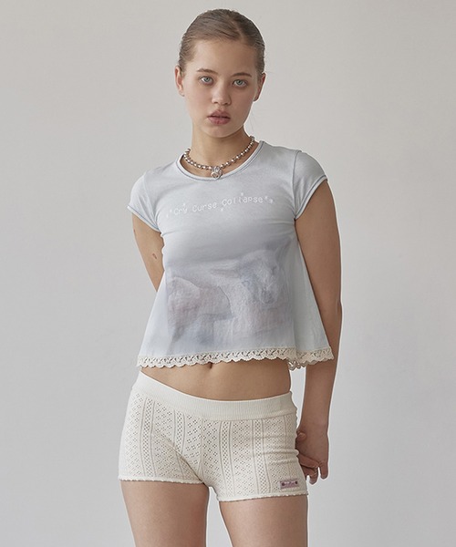 Tシャツ・カットソー SCULPTOR Lace Crop Baby Tee HJ5B0069 SCULPTOR tシャツ Lace Crop Baby Tee レディース メンズ