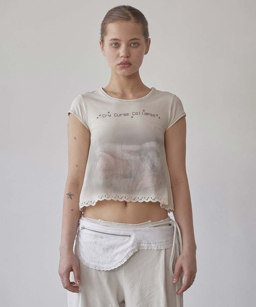 Tシャツ・カットソー SCULPTOR Lace Crop Baby Tee HJ5B0069 SCULPTOR tシャツ Lace Crop Baby Tee レディース メンズ