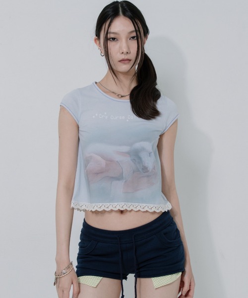 Tシャツ・カットソー [SCULPTOR] Lace Crop Baby Tee Nude Pink SC25S257PK Lace Crop Baby Tee Nude Pink – Sculptor