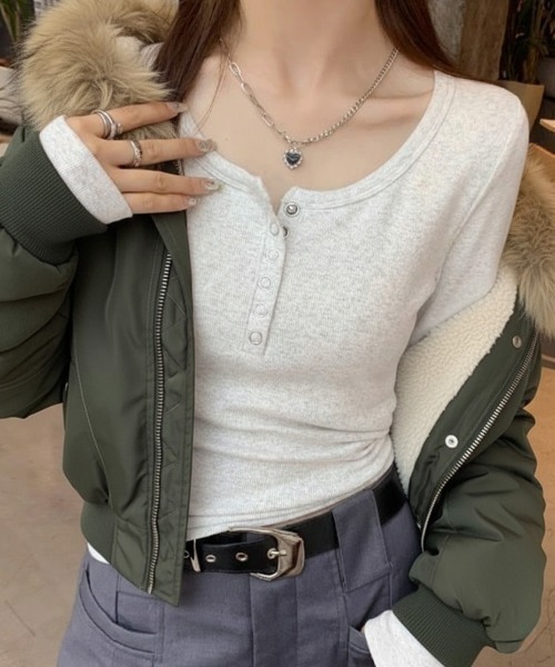 tシャツ 「25年秋冬新作」ヘンリーネック スリムフィット ロンT