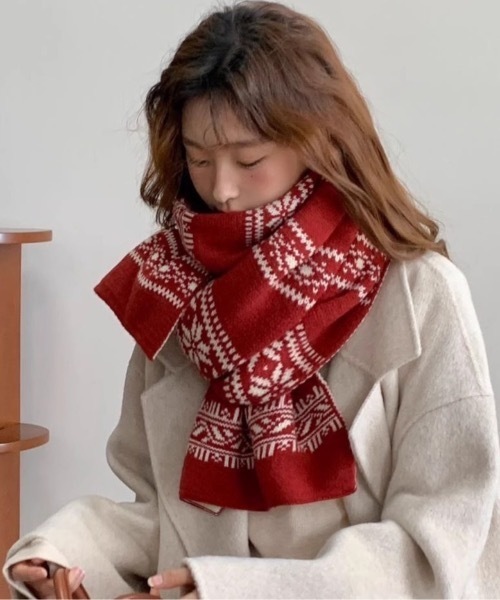 マフラー ストール ノルディック柄ニットマフラー レディース