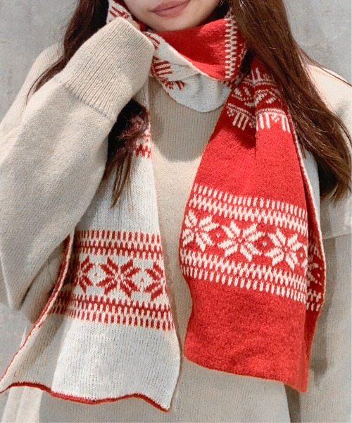 Sophie DIGARD ニットマフラー ストール 赤系 レッド ボーダー柄 マフラー ストール ノルディック柄ニットマフラー レディース