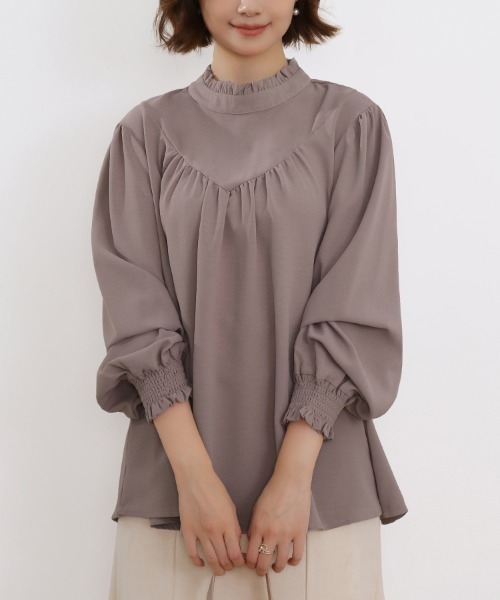 ブラウス シャツ フリルハイネックギャザーブラウス レディース