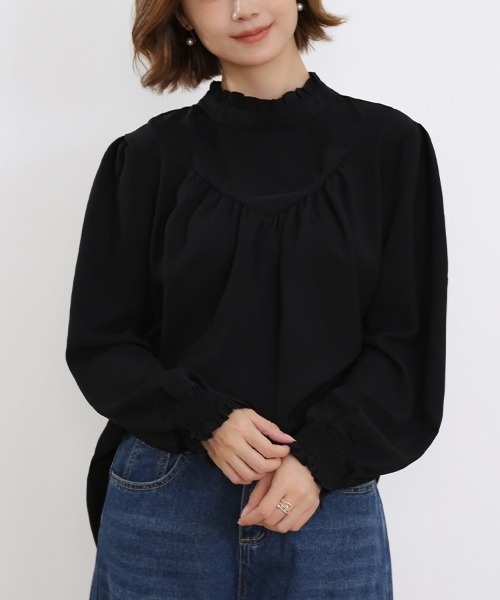 ブラウス シャツ フリルハイネックギャザーブラウス レディース