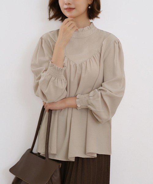 ブラウス シャツ フリルハイネックギャザーブラウス レディース