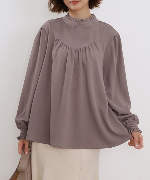 ブラウス シャツ フリルハイネックギャザーブラウス レディース
